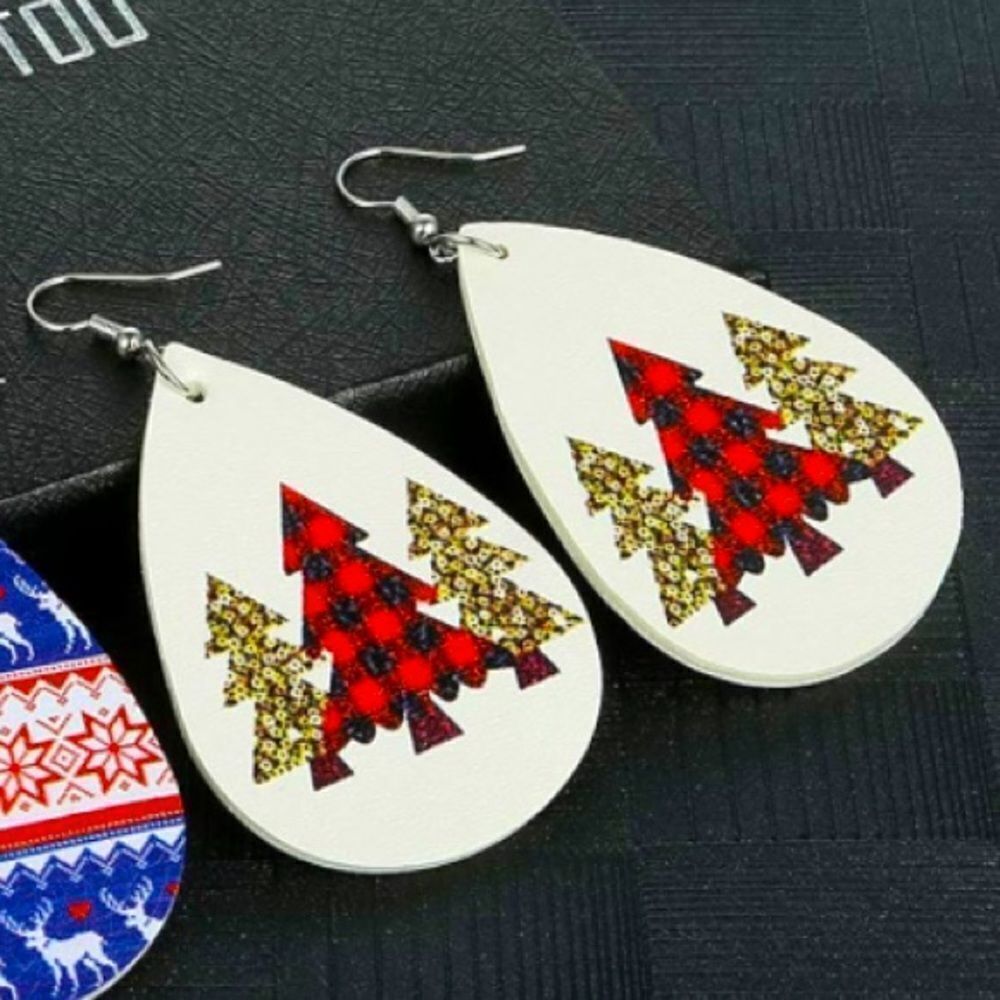 Women’s Faux Leather Teardrop Dangle Various Christmas Pattern Earrings